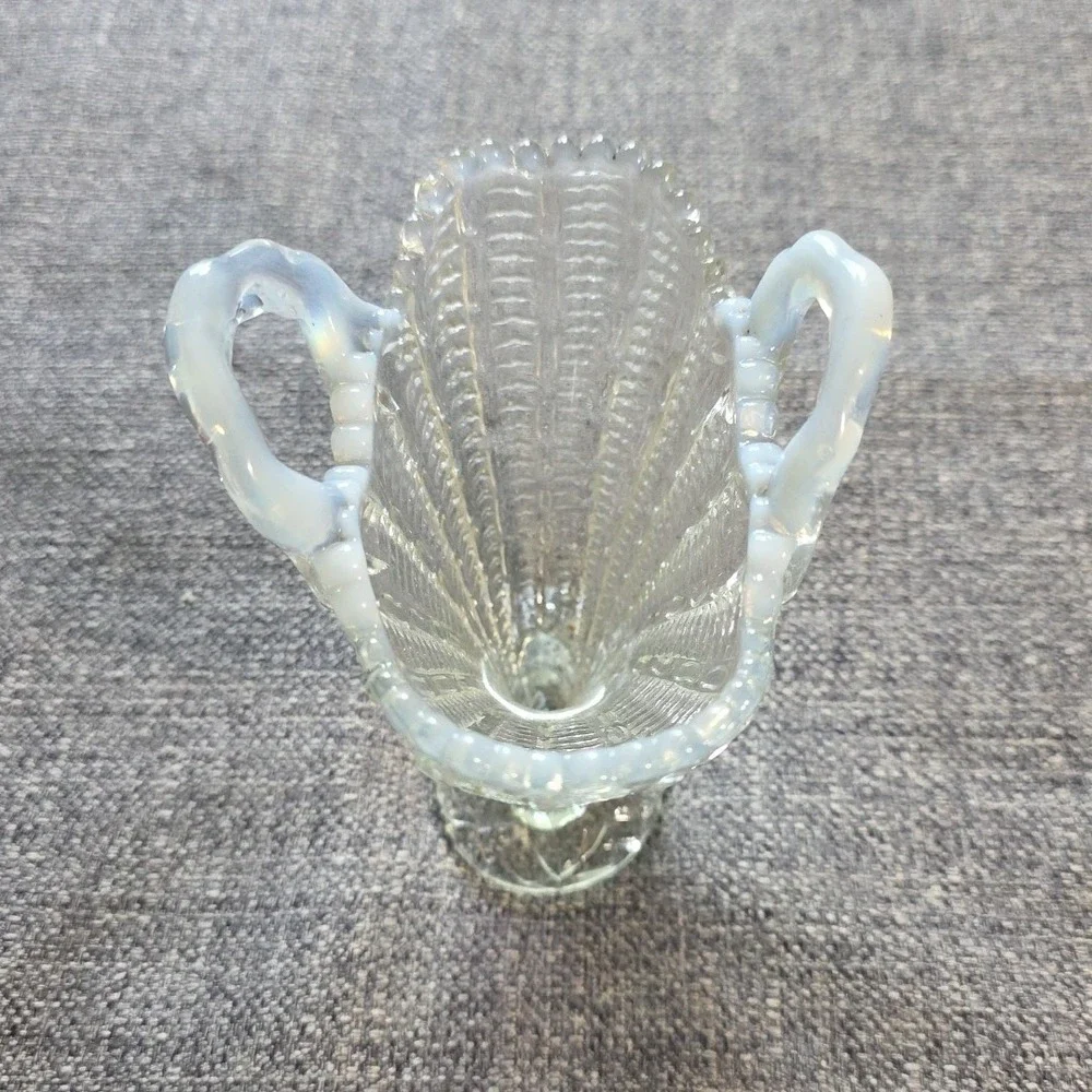 Fan Vase Clear Opalescent Art Glass Handled